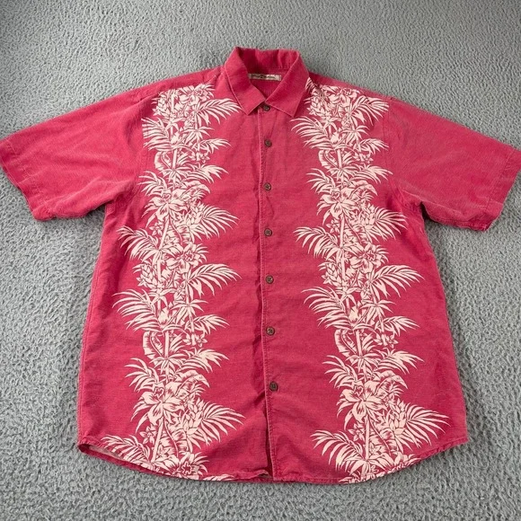 Tommy Bahama Silk Button Up Shirt Short Sleeve Hawaiian Adult Pink Palm Trees L - Picture 1 of 9